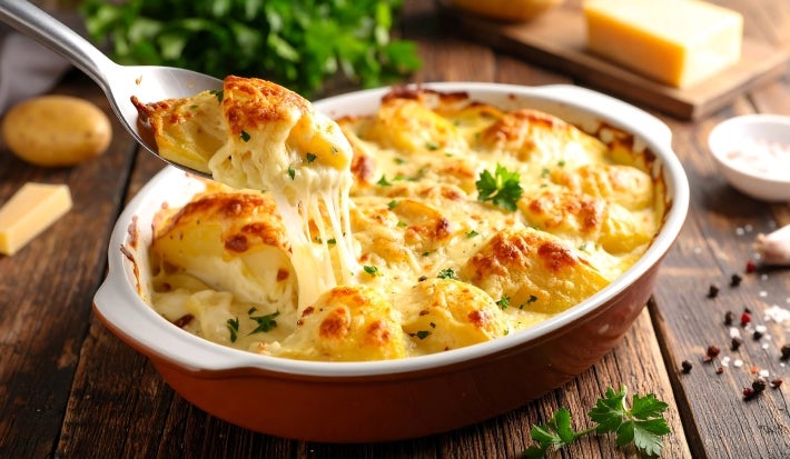 Em cima de uma mesa, refratário com batatas cremosas gratinadas com queijo, decorado com salsinha picada. Do lado esquerdo, uma colher pega algumas batatas com queijo derretido.