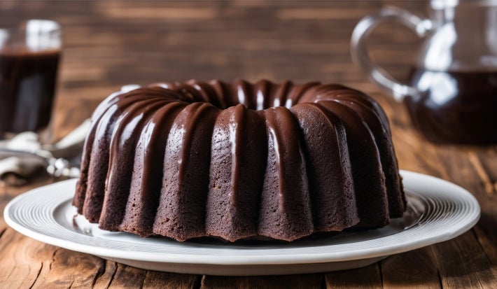 Fotografia de um bolo de chocolate em um prato branco decorado, com cobertura brilhante escorrendo pelas laterais. O fundo apresenta uma mesa de madeira rústica e uma jarra de vidro, sugerindo um ambiente aconchegante.