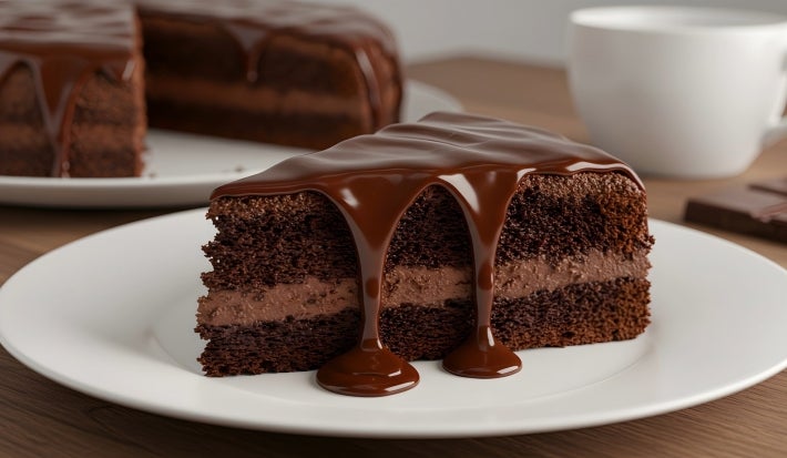 Um pedaço de bolo de chocolate com duas camadas de massa e um recheio de creme de chocolate ao centro. O bolo está coberto com uma generosa camada de calda de chocolate brilhante que escorre pelas laterais. Um pedaço de bolo de chocolate com duas camadas de massa e um recheio de creme de chocolate ao centro. O bolo está coberto com uma generosa camada de calda de chocolate brilhante que escorre pelas laterais.