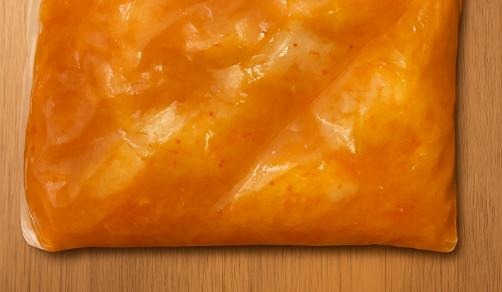 Fotografia de um frango dentro de um saquinho imerso em uma marinada laranja e mel