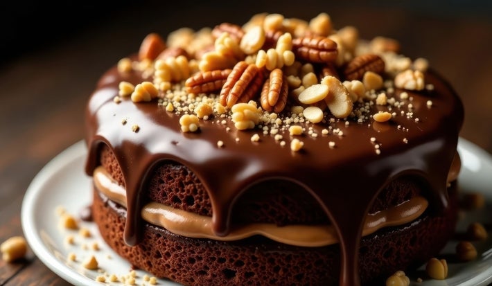 Fotografia de um bolo de chocolate de duas camadas, coberto com ganache brilhante que escorre pelas laterais. Entre as camadas, um recheio de caramelo e nozes decorativas, apresentado em um prato branco sobre uma superfície de madeira.