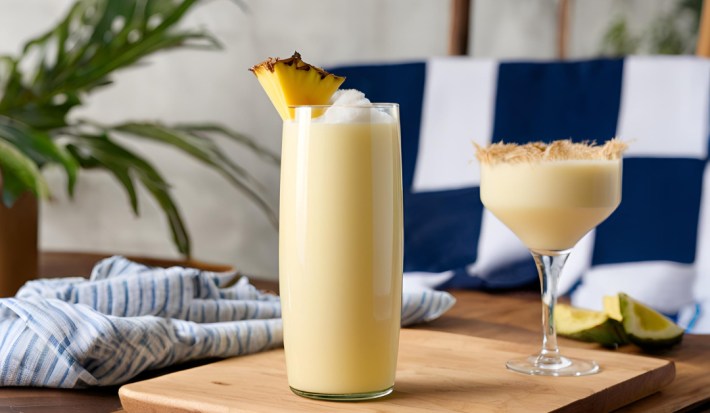 Fotografia de um copo e uma taça de vidro com uma bebida de piña colada, no copo tem um pedaço de abacaxi na borda. Os copos estão sobre uma tábua de madeira.