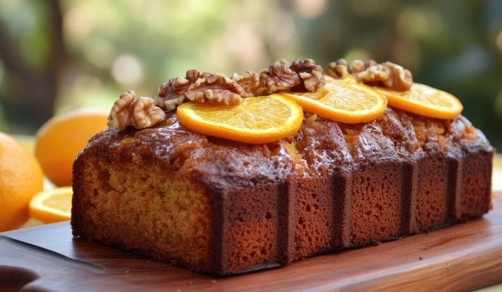 Fotografia de um bolo de laranja com nozes, exibido em uma tábua de madeira. O bolo tem uma crosta dourada e é decorado com fatias de laranja e metades de nozes.