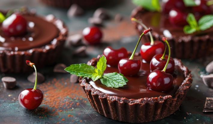 Fotografia de mini tortas individuais de Biscoito Wafer NESTLÉ CLASSIC cobertos por creme de Chocolate NESTLÉ CLASSIC Meio Amargo e NESTLÉ Creme de Leite, decorada com cerejas. As tortinhas estão sobre uma mesa preta e polvilhadas com cacau em pó.