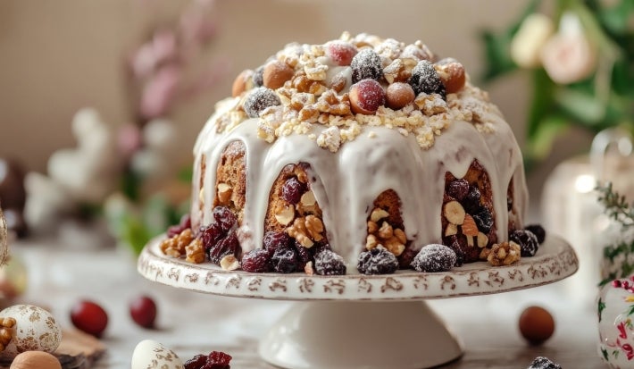 Fotografia de um bolo de Natal elegantemente adornado com uma camada espessa de cobertura branca, coberto com nozes e frutas secas.