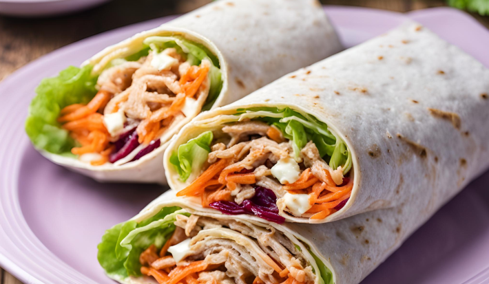 Fotografia em tons de roxo com um prato redondo e roxo ao centro. Em cima do prato existe 3 pedaços de wrap cortados ao meio e recheados com frango desfiado, cenura, beterraba, queijo branco e alface