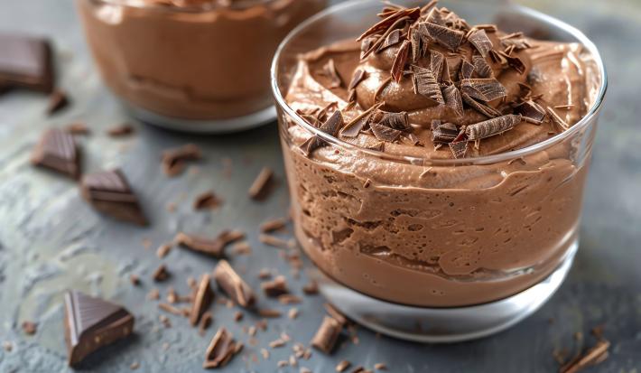 Imagem de um copinho de vidro com mousse de chocolate coberto com raspas de chocolate.