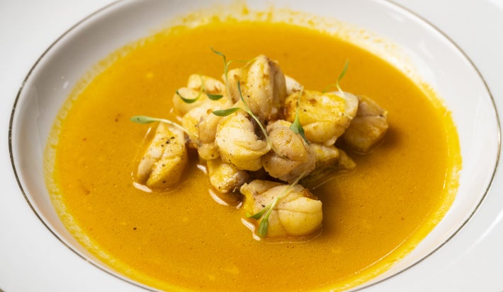 Peixe-sapo ao molho cremoso de peixe servidos em prato fundo, receita sofisticada com frutos do mar e apresentação elegante.