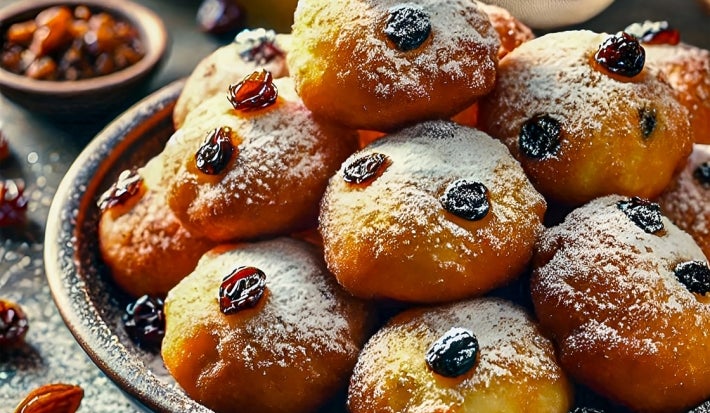 Em cima de uma mesa, tábua com bolinhos redondos dourados, decorado com açúcar de confeiteiro e uvas-passas.