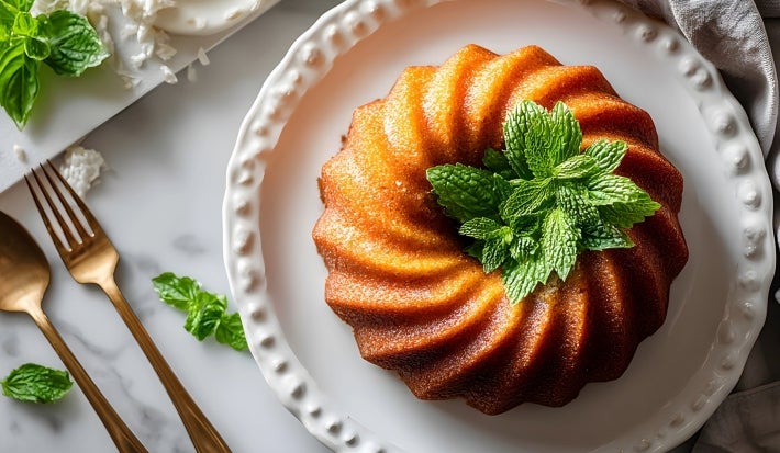 Fotografia de um bolo bundt dourado, decorado com folhas de hortelã, em um prato branco. A composição inclui talheres dourados e coco ralado ao fundo.