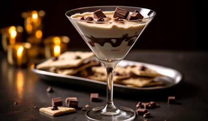 Fotografia em tons mais escuros de uma taça de vidro com a sobremesa com o creme mais claro de doce de leite, um pouco de chocolate e kitkat por cima. A taça está sobre uma mesa preta. ,