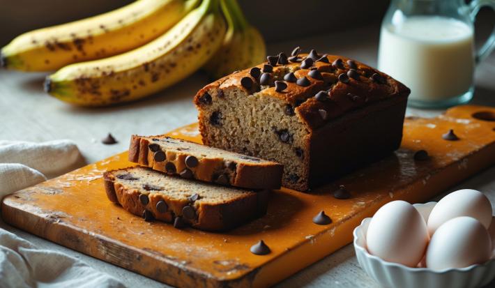 Fotografia de uma tábua de madeira médio claro sobre uma mesa de madeira clara. Sobre a tábua tem uma unidade de banana bread com gotas de chocolate, tem duas fatias sobrepostas. Ao fundo tem um cacho de banana, leite em uma jarra e alguns ovos.