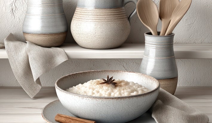 Em cima de uma mesa, tigela repleta de arroz doce cremoso, com uma textura suave e aveludada, decorado com canela em pó e anis estrelado.