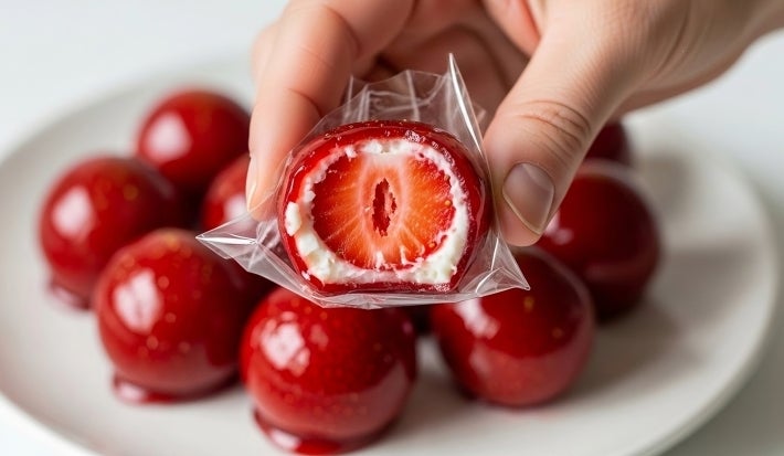 A imagem mostra uma mão segurando um doce envolto em plástico transparente, revelando um morango inteiro coberto por uma camada branca cremosa e uma fina cobertura vermelha brilhante. Ao fundo, vários desses doces estão dispostos em um prato branco.