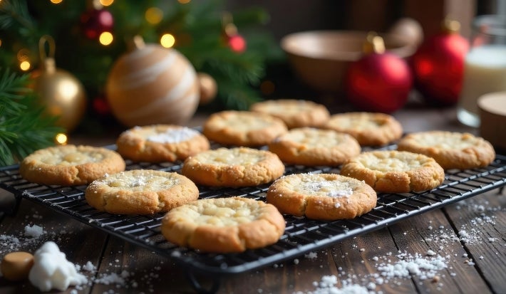 Em cima de uma mesa decorada com enfeites de natal, em cima de uma grade há biscoitos crocantes polvilhado com açúcar de confeiteiro.