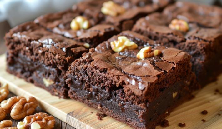 Imagem de quatro pedaços quadrados de brownie com nozes um ao lado do outro sobre uma tábua de madeira.