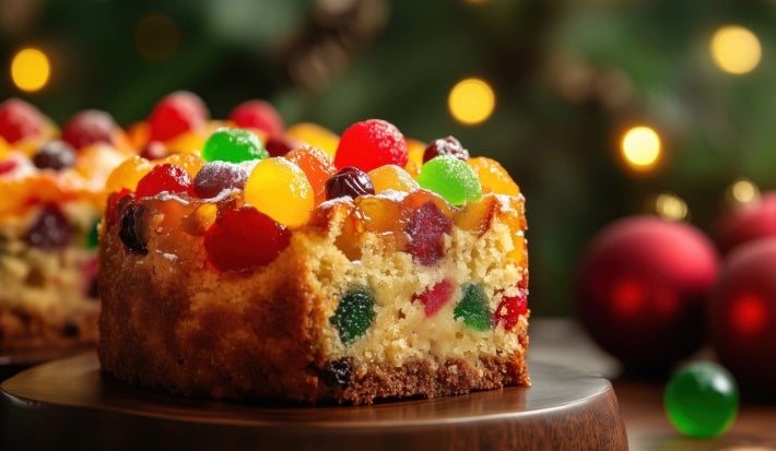Fotografia de um pedaço de bolo de frutas, com uma crosta dourada e interior denso, adornado com frutas cristalizadas coloridas. O fundo desfocado apresenta luzes quentes.