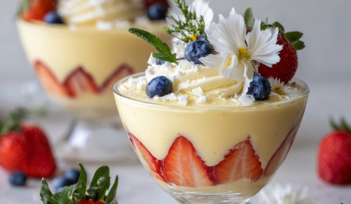 Taça com creme branco cremoso e morangos cortados ao meio. Decorado com flores comestíveis, morango e uvas roxas.