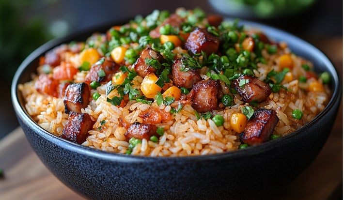 Em cima de uma mesa, tigela com porção de arroz soltinho com pedaços de bacon picado, milho e ervilha, decorado com cheiro-verde picados.