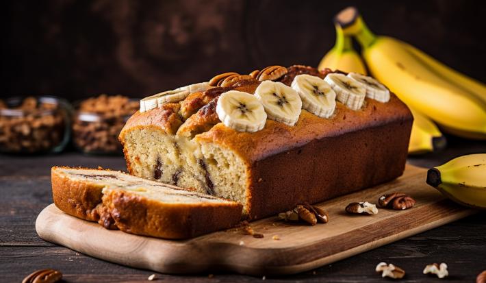 Fotografia de um bolo de banana, com rodelas por cima, feito em forma retangular pequena com uma fatia cortada e apoiada em uma forma de madeira.