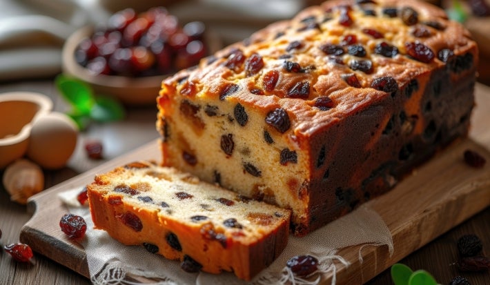 Em cima de uma mesa, tábua com bolo fofinho com frutas cristalizadas e uvas-passas pretas.