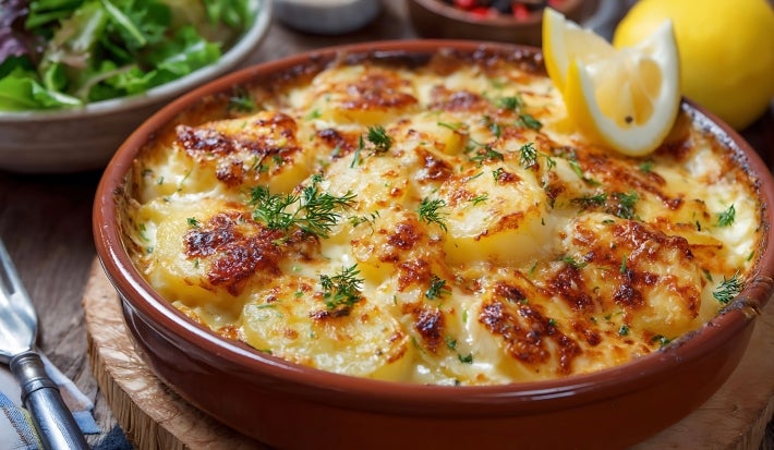 Em cima de uma mesa, refratária com batatas e queijo gratinado.