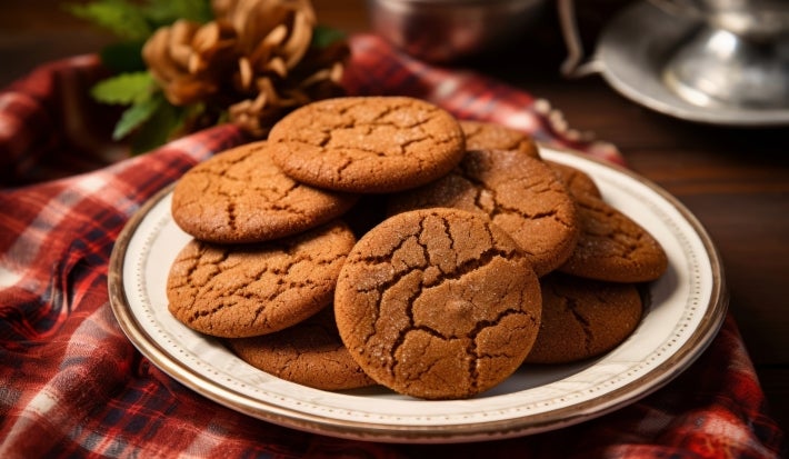 Em cima de uma mesa, prato com biscoitos redondos crocantes, polvilhado com açúcar.