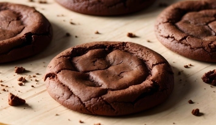 Em cima de uma mesa, biscoitos de chocolate.