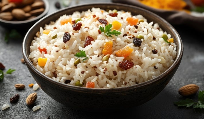 Imagme de uma tigela com arroz branco, pimentões amarelo e vermelho e uvas-passas.