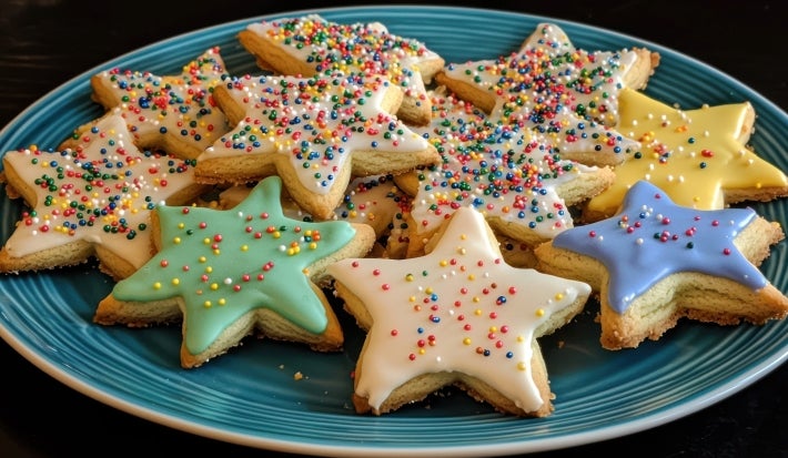 Em cima de uma mesa, prato redondo com biscoitos em formato de estrelas de Natal, decorados com glacê e confeitos de bolinhas coloridas.
