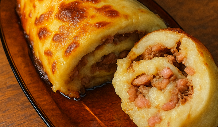 Fotografia em tons quentes de uma receita de rocambole com massa de mandioca recheado com ragu de linguiça. Na fotografia, observa-se bem o caráter espiral da receita, com camadas alternadas de massa e ragu de linguiça