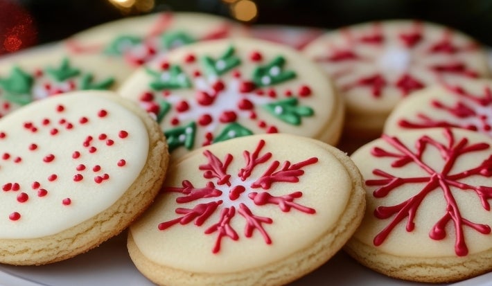 Em cima de uma mesa, prato redondo com biscoitos redondos, decorados com glacê branco e confeitos coloridos.