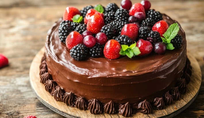Um bolo de chocolate coberto com um brilho de chocolate, decorado com morangos, amoras e uvas vermelhas. A apresentação é elegante, com detalhes em chocolate ao redor da base, tudo sobre uma superfície de madeira rústica.