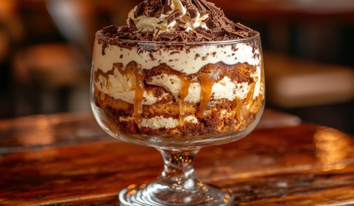 Fotografia de uma taça grande e decorativa de vidro sobre uma mesa de madeira escura. Dentro da taça tem a sobremesa com camadas de creme, raspas de chocolate e biscoito.