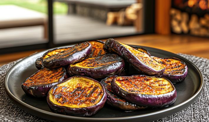 Fotografia em tons de marrom com um prato preto ao centro. Em cima do prato existe várias berinjelas glaceadas feitas na air fryer a base de mel e shoyu