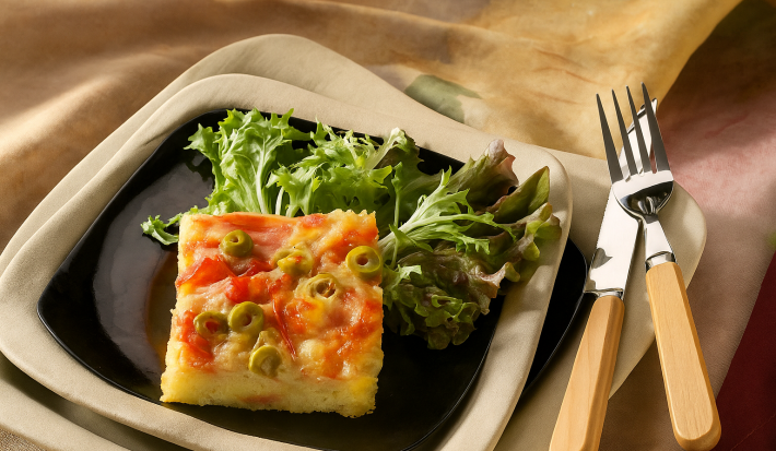 Imagem de um prato quadrado com o pedaço da torta com azeitonas e ovos e ao lado salada de folhas verdes.