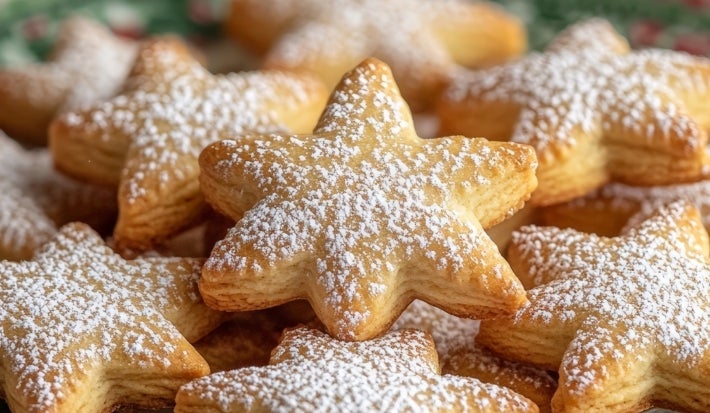 Em cima de uma mesa, prato com biscoitos em formato de estrelas, polvilhado com açúcar de confeiteiro.