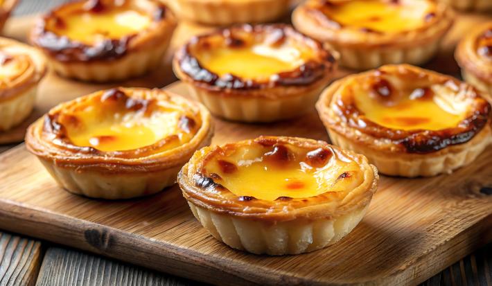 Fotografia em tons de amarelo com uma tábua de madeira ao centro. Em cima da tábua existe vários pastéis de nata caramelizados e dourados feitos na Air Fryer