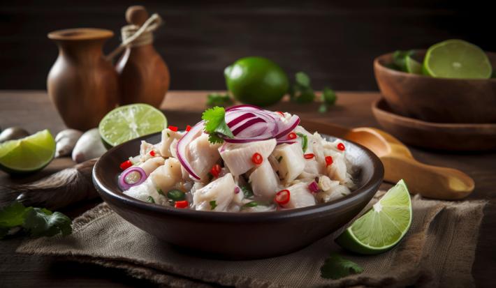 Fotografia em tons escuros de um recipiente marrom escuro fundo sobre um pano marrom, apoiado em uma mesa de madeira. Dentro do recipiente tem ceviche com pimenta dedo de moça, cebola roxa e coentro, ao lado tem um pedaço de limão.