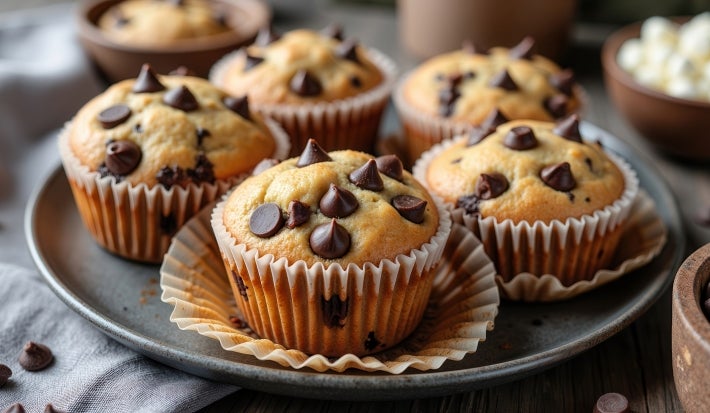 Em cima de uma mesa, prato com bolinhos de fubá e gotas de chocolate.