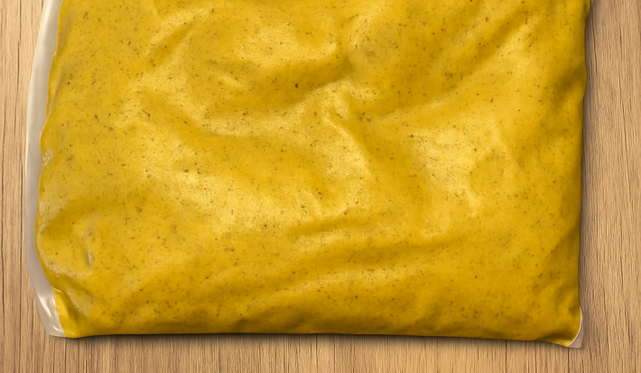 Fotografia de um saco de plástico com peito de frango imerso em um molho de curry