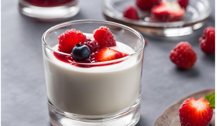 Fotografia de um recipiente de vidro pequeno com mousse de chocolate branco e um pouco de calda de frutas vermelhas por cima. O recipiente está sobre uma mesa de cimento queimado, ao lado de algumas frutas vermelhas.