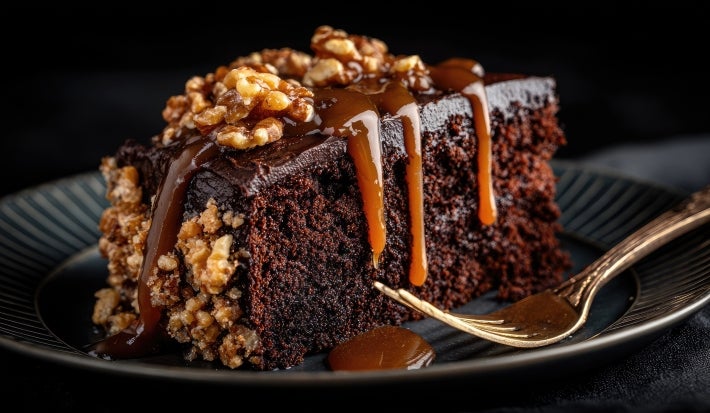 Fatia de bolo de chocolate úmida, coberta com ganache brilhante e um fio de caramelo. Decorada com nozes picadas, com um garfo dourado ao lado, destacando a delícia do doce.