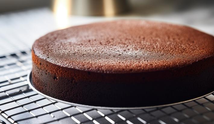 Fotografia de um bolo de cacau feito em forma redonda sem furo central. O bolo está sobre uma grade preta.