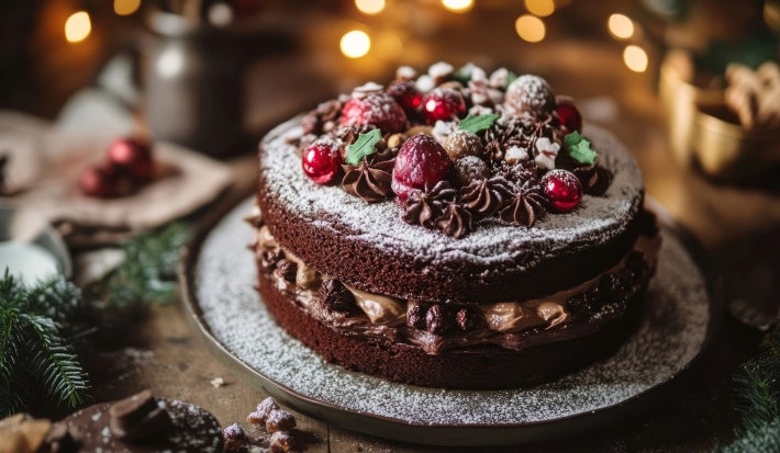 Fotografia de um bolo de chocolate festivo, com duas camadas e cobertura de açúcar de confeiteiro. Decorado com trufas de chocolate, pérolas de açúcar e enfeites que lembram ornamentos de Natal.