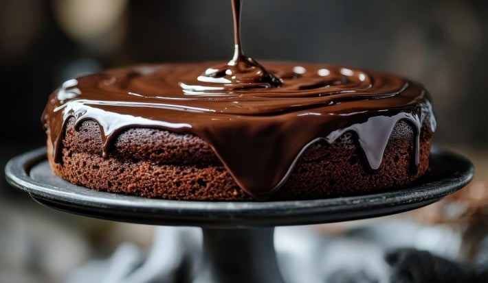 Fotografia de um bolo de chocolate sendo coberto com ganache brilhante e cremoso, posicionado em um suporte escuro. A imagem destaca a textura cremosa do chocolate.