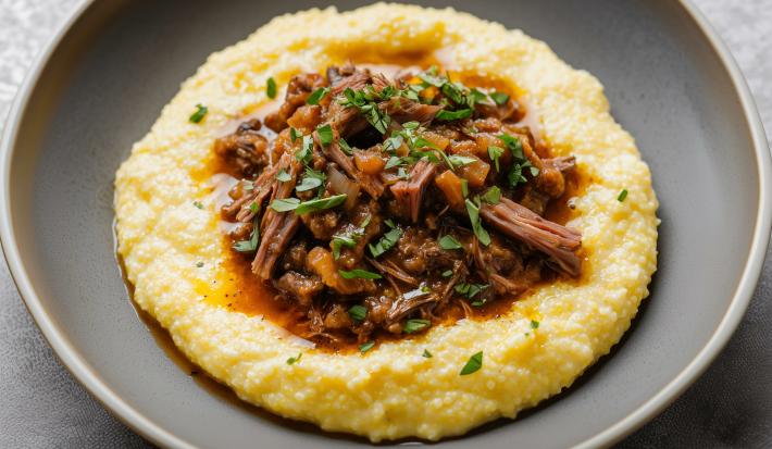 Fotografia de um prato fundo cinza com uma receita de ragu de carne finalizado com salsinha sobre polenta.