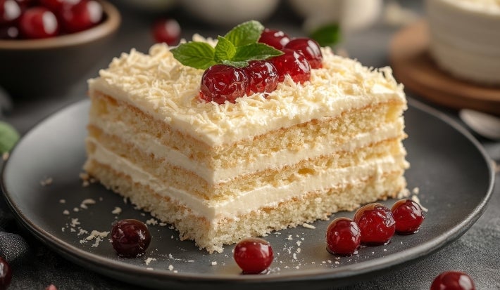 Fatia de bolo branco em camadas, recheada e coberta com creme de leite Ninho e finalizada com raspas do mesmo. Decorada com cerejas vermelhas brilhantes e folhas de hortelã no topo. Servida em prato escuro, com mais cerejas ao redor.