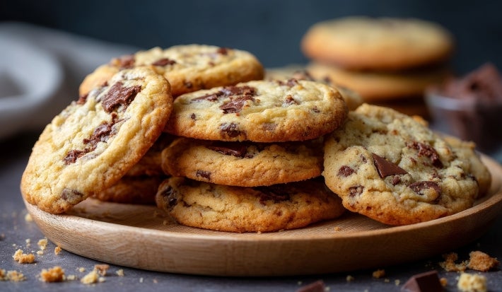 Em cima de uma mesa, prato com biscoitos redondos crocantes com chocolate picado derretido.