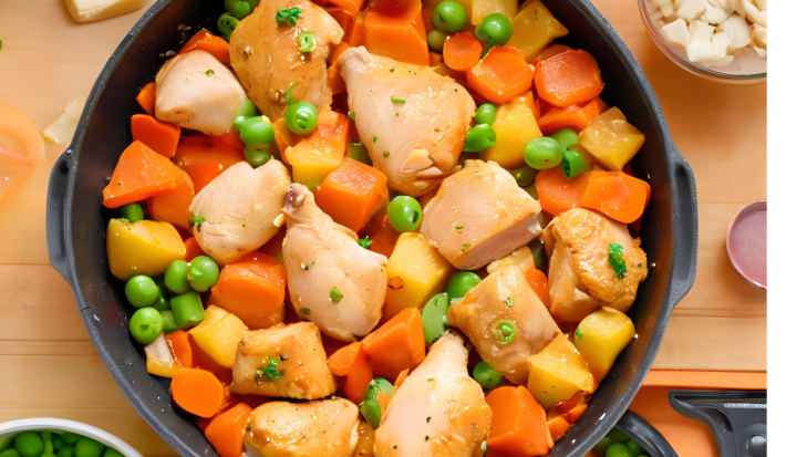 Cubinhos de frango dourados e macio, com pedaços suculentos desmanchando na boca. Dentro da panela ea o redor do frango, uma mistura colorida de legumes frescos, como cenouras cortadas em rodelas, batatas em cubos, ervilhas verdinhas, em uma panela